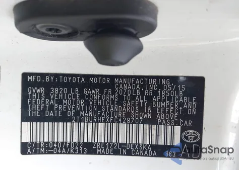 2015 Toyota Corolla S Plus from USA, damaged, VIN 2T1BURHEXFC428707